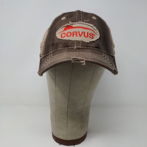 Corvus Bayer Strapback Hat Brown OSFA Farmer Embroidered Logo Distressed - Picture 2 of 12